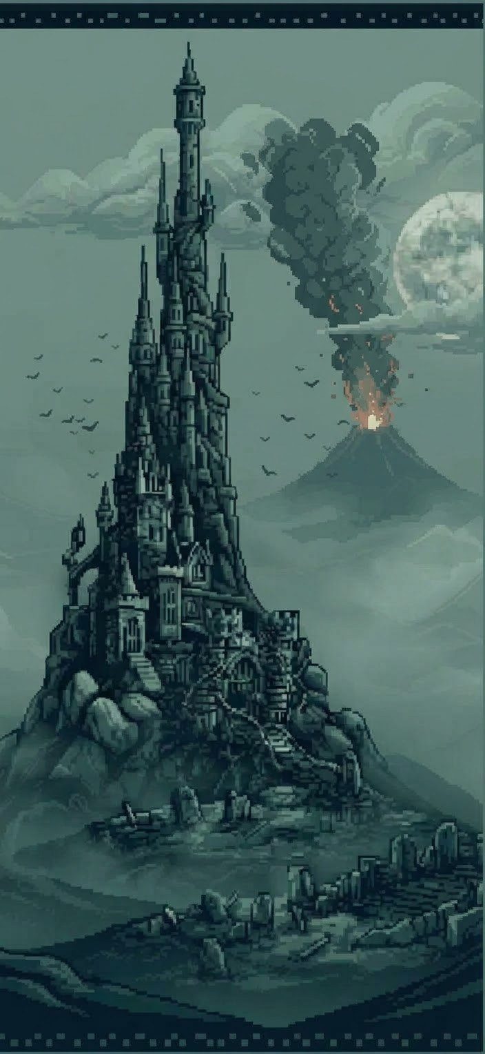 Castlewhip cover: a dark pixel-art castle tower beside a volcano